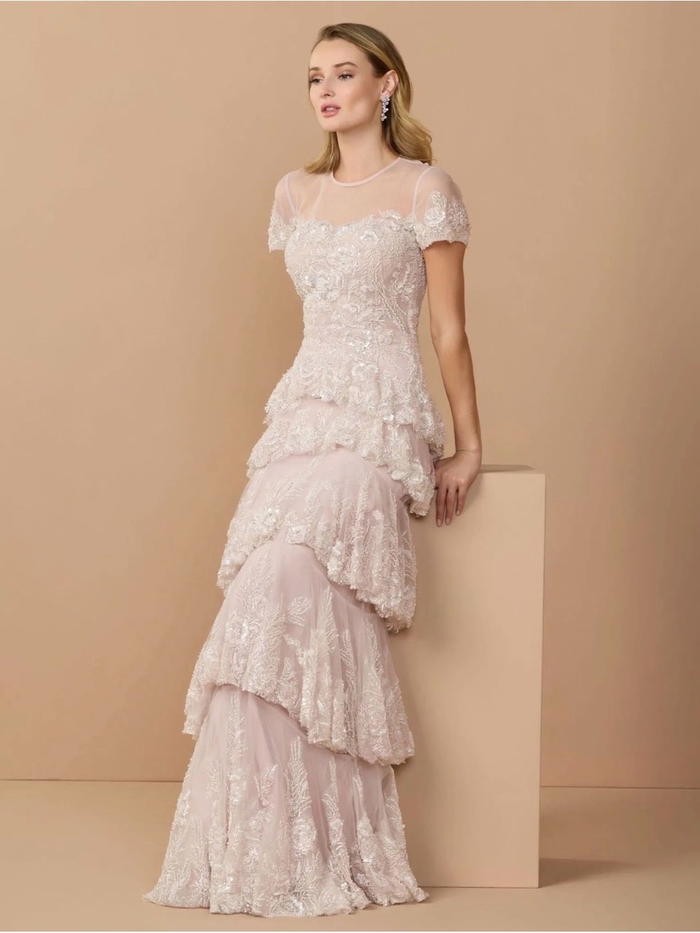 Light Pink Embellished High Neck Gown With Tiered Ruffle Skirt